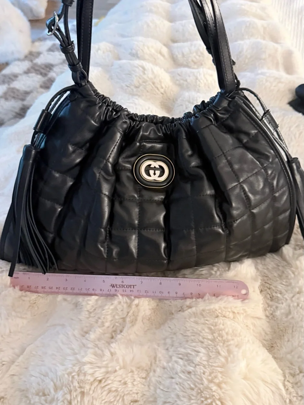 Gucci Matte Black Deco Quilted Leather Shoulder Bag with Leather Tassels